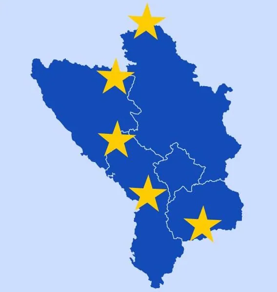 Map of the Western Balkans over a European Union flag