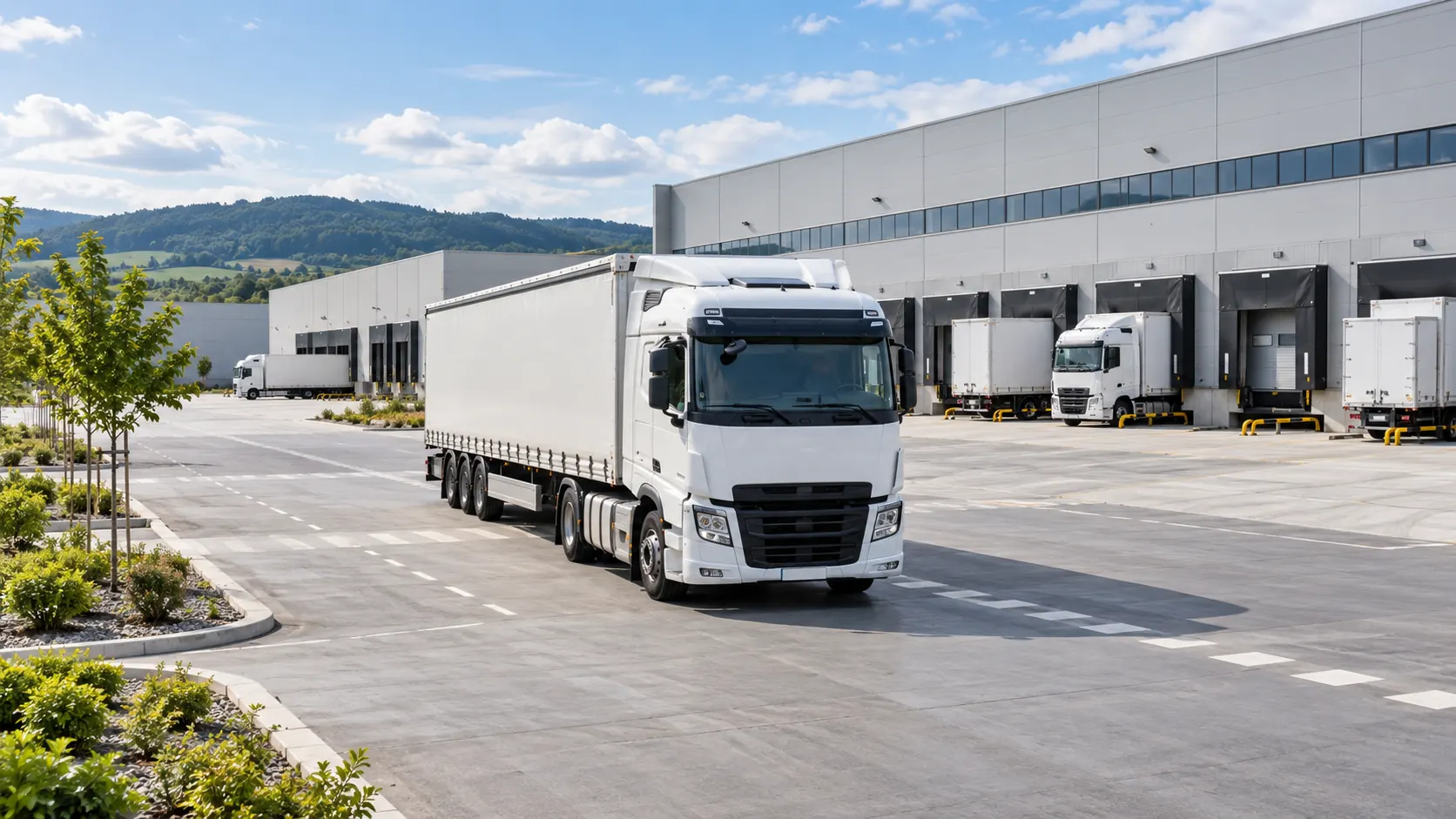 An articulated lorry on the apron of a distribution centre, with further lorries at the loading docks