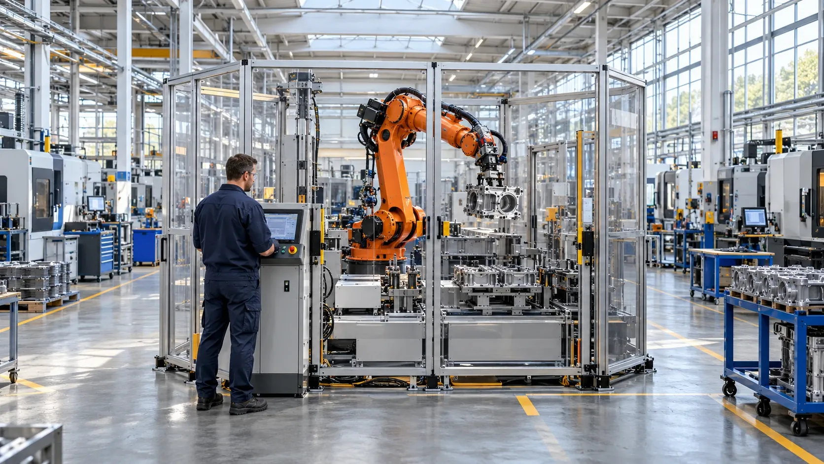 An operator at a control panel beside a robotic assembly cell on a factory floor